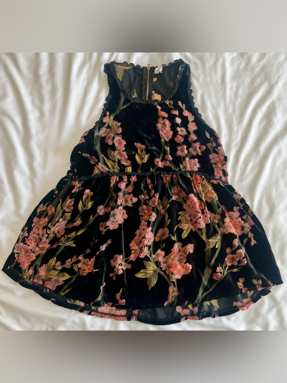 POL Black Velvet Floral Halter Dress with Pink Blossoms and Green Leaves